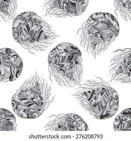 Seamless pattern with jellyfish in vector.  Marine background 