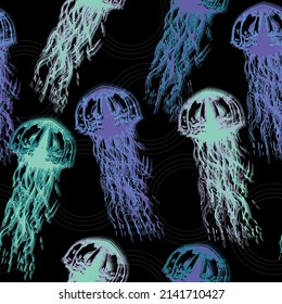 Seamless pattern jellyfish watercolor design for fabric, wrapping paper, wallpapers, prints and textile.  Space colorful repeat texture wallpaper illustration.