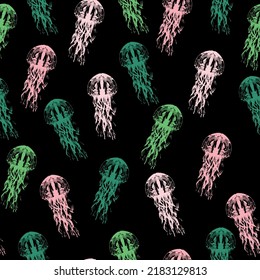 Seamless pattern jellyfish watercolor design for fabric, prints and textile.  Night galaxy mix with watercolor jelly fishes in bright style vivid blue purple violet isolated on dark background