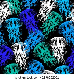 Seamless pattern jellyfish watercolor design for fabric, wrapping paper, wallpapers, prints and textile.  Sea collection.