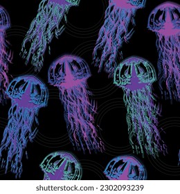 Seamless pattern jellyfish watercolor design for fabric, wrapping paper, wallpapers, prints and textile.  Underwater animal illustration. Hand drawn realistic medusa .Abstract fantasy.