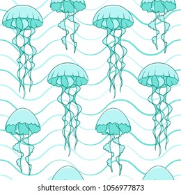 Seamless pattern with jellyfish and waves. Vector marine summer background.