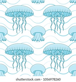 Seamless pattern with jellyfish and waves. Vector marine summer background.