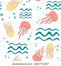 Patrón sin foco con los Jellyfishes y las olas del mar. Mano colorida de verano Dibujo caricatura Fondo. Patrón del mundo subacuático