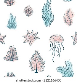 Seamless pattern with jellyfishes, seashells, seaweed, coras and starfishes. Marine life on white background. For printing, fabric, textile, manufacturing, wallpapers. Under the sea.