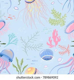 Seamless pattern with jellyfishes and seaweeds