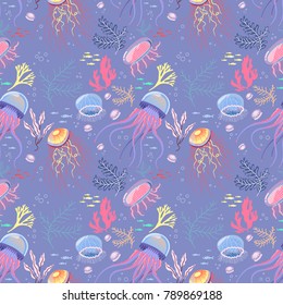 Seamless pattern with jellyfishes and seaweeds