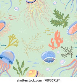 Seamless pattern with jellyfishes and seaweeds
