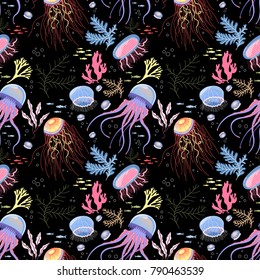 Seamless pattern with jellyfishes and seaweeds