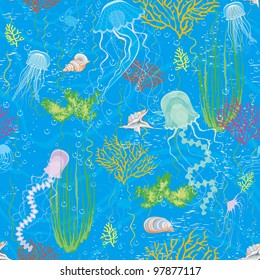 Seamless pattern with jellyfishes swimming underwater