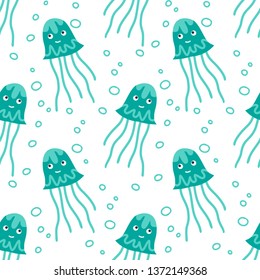 Seamless pattern with  jellyfishes. Underwater life. Flat design. Vector illustration. Design element for fabric, wallpaper or wrapping paper.