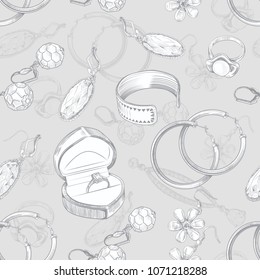 Seamless pattern with jewelries on a  background.A hand-drawn sketch of jewelry. Vector illustration.