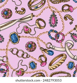 Seamless pattern with jewelry, belt and chain. Vector