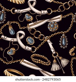 Seamless pattern with jewelry, belt and chain. Vector