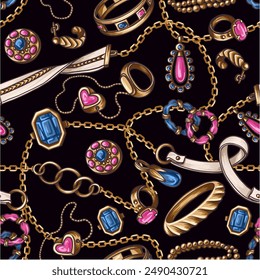 Seamless pattern with jewelry, belt and chain. Vector