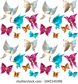 Seamless pattern with jewelry butterflies in the form of gems, mother of pearl, rubies, sapphires and gold on a white background isolated vector