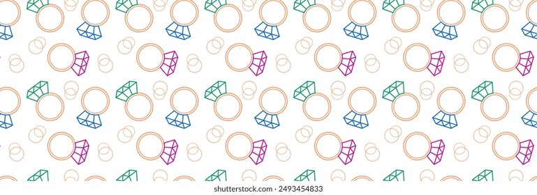 Seamless pattern with jewelry. Engagement rings on white background. Design of wrapping paper, packaging, fabric, cover. Wedding, engagement. Vector graphics 