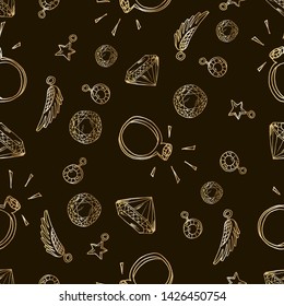 Seamless pattern with jewelry golden decorations with precious stones, rings, necklaces