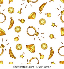 Seamless pattern with jewelry golden decorations with precious stones, rings, necklaces