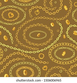 Seamless pattern with jewelry on a beige background. Endless texture with chains, beads, bracelets. Print with jewels. Drawn by hand. Vector illustration for fashionable design.