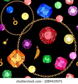 Seamless pattern jewelry on black background, precious stones, gold, hand drawn elements
