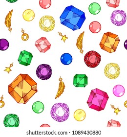 Seamless pattern jewelry on white background, precious stones, gold, hand drawn elements, vector illustration