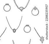 Seamless pattern with jewelry in outline doodle style