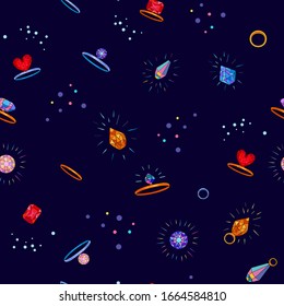 Seamless pattern with jewelry, rings and crystals on blue background. Endless texture for print and decoration. Vector illustration