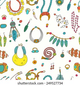 Seamless pattern with jewerly items. Handmade accessories - ring, necklace, earrings, cufflinks, brooch and bracelets.