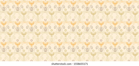 Seamless pattern Jewish holiday Hanukkah greeting card traditional Chanukah symbols wooden dreidel toy spinning top, donut menorah candle, oil, star David vintage ornate pattern Vector template 2023