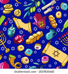 Seamless pattern Jewish holiday Hanukkah set traditional symbols - wooden dreidels, Hebrew letters, donuts, menorah candles, oil jar, star David, challah, shofar, gelt, torah, hamsa, isolated vector 