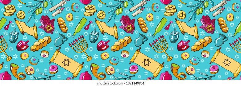 Seamless pattern Jewish holiday Hanukkah set traditional symbols - wooden dreidels, Hebrew letters, donuts, menorah candles, oil jar, star David, challah, shofar, gelt, torah, hamsa, isolated vector 