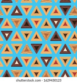 Seamless pattern for jewish holiday Purim. Hamantaschen, Haman ears traditional cookies. Vector 