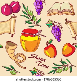  Seamless pattern Jewish holiday Rosh Hashanah with  text "Shana tova"  in hebrew  language "Good year", isolated on beige background, vector illustration