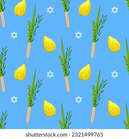 Seamless pattern jewish holiday Sukkot. Feast of Tabernacles or Festival of Ingathering. Traditional judaic religious symbols: etrog, lulav, hadas, arava. Repeating design plants and citrus. Vector