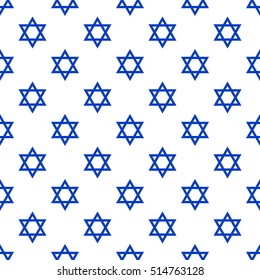 Seamless pattern with Jewish stars. Blue Jewish stars on a white background. Geometric pattern. Simple regular vector background.