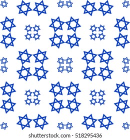 Seamless pattern with Jewish stars. Blue Jewish stars on a white background. Geometric vector pattern. Simple regular background.