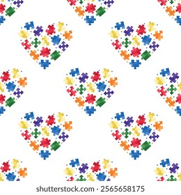 Seamless pattern with jigsaw puzzle in heart shape in blue, yellow, green and red colors square on white background. Hand drawn vector illustration in flat. Autism spectrum disorder concept, children