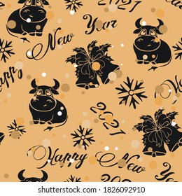 Seamless pattern with Jingle bells, bull, snowflake and inscription Happy new year 2021 in old retro style. Repeated vintage pattern grunge design wrapping paper or background Craft paper imitation