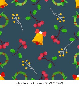 Patrón Sin Maravilla De Campanas De Jingle Con Bayas Holly Y Corona De Navidad En Fondo Azul.