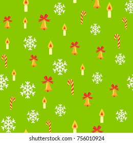 Seamless pattern with jingle bells with red bow, white snowflakes, striped candies and candles with fire. Endless texture with Christmas decorative elements vector illustration