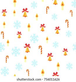 Seamless pattern with jingle bells with red bow, blue snowflakes, striped candies and candles with fire isolated on white. Endless texture with Christmas decorative elements vector illustration
