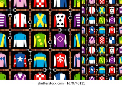 Seamless pattern jockey uniform. Traditional design. Silk. Harness, bridle, harness, belt. Horse racing fashion. Vector illustration