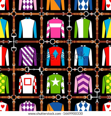 Seamless pattern jockey uniform. Traditional design. Silk. Harness, bridle, harness, belt. Horse racing fashion. Vector illustration