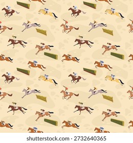 Seamless pattern with jockeys riding horses over obstacles on a sand background