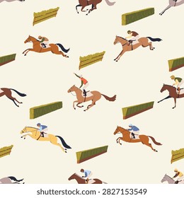 Seamless pattern with jockeys riding racehorses and jumping hedges in equestrian steeplechase competition