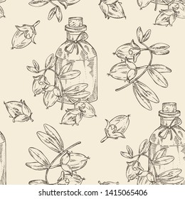 Seamless pattern with jojoba nuts and bottle of essential oil. Cosmetic, perfumery and medical plant. Vector hand drawn