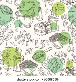 Seamless pattern with jojoba nuts,branch of jojoba and fruit, essential oil, soap, bath salt and mortar and pestle. Cosmetic, perfumery and medical plant
