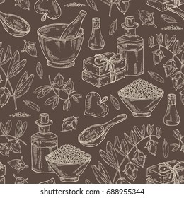 Seamless pattern with jojoba nuts,branch of jojoba and fruit, essential oil, soap, bath salt and mortar and pestle. Cosmetic, perfumery and medical plant