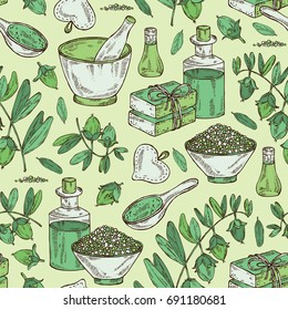 Seamless pattern with jojoba nuts,branch of jojoba and fruit, essential oil, soap, bath salt and mortar and pestle. Cosmetic, perfumery and medical plant